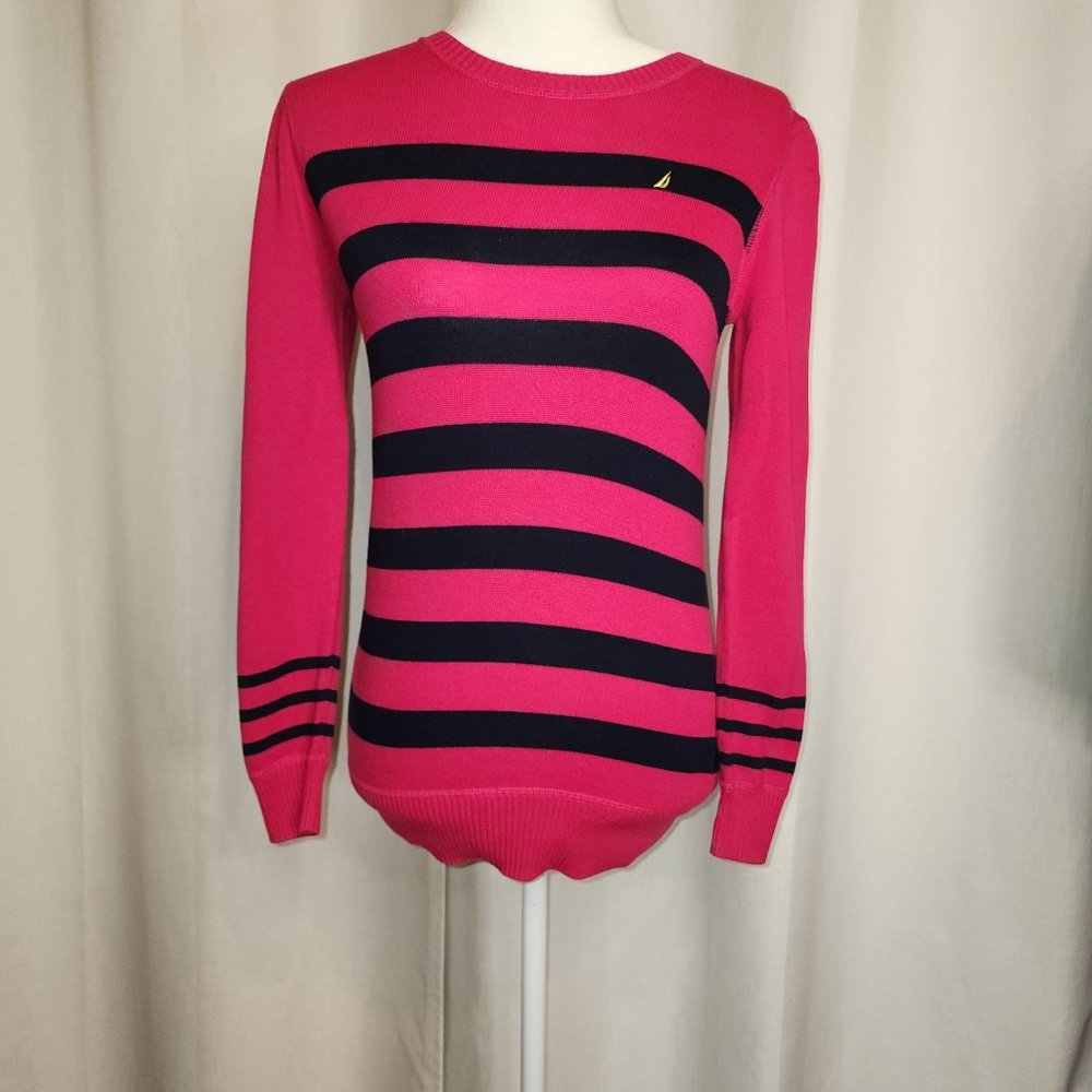 #073. EUC Pink and Navy Striped Crewneck Pullover Sweater-Nautica